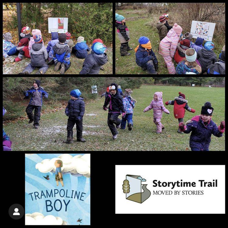 Collage of images of students reading signs with story pages on them outside on school grounds. Image of cover of book Trampoline Boy. Storytime Trail logo. 