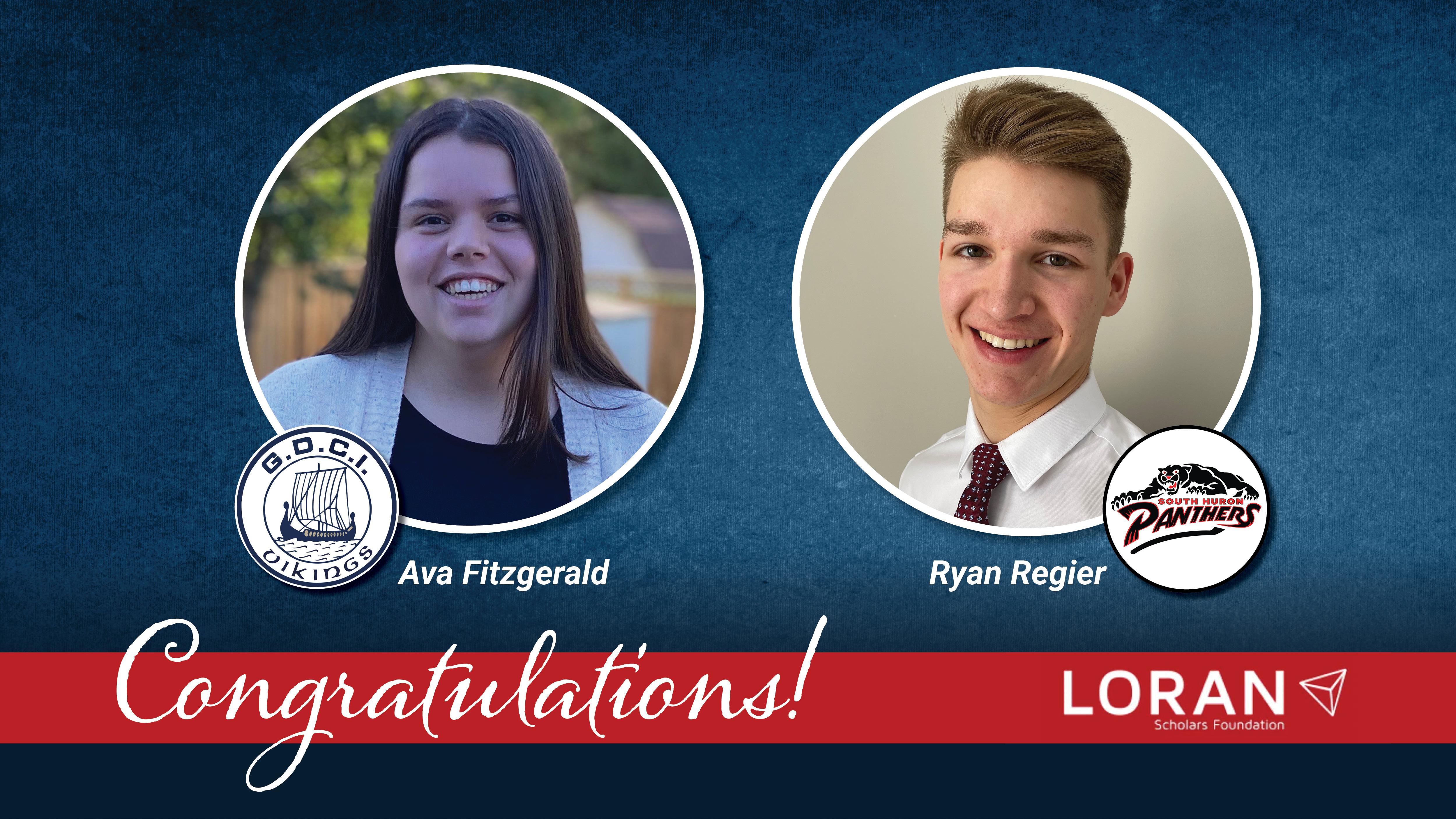 Dark blue textured background with circle-shaped photos of Ava Fitzgerald and Ryan Regier. Ava’s photo has the GDCI logo overlapping the bottom edge and Ryan’s has the SHDHS logo. On a red band in white letters, the text: Congratulations! Loran Scholars Foundation logo